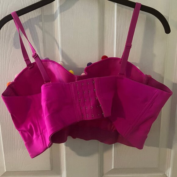 Pink with Multi-Colored Fuzzy Balls with Shiny Accents Bustier Cami Crop Top - Picture 2 of 3